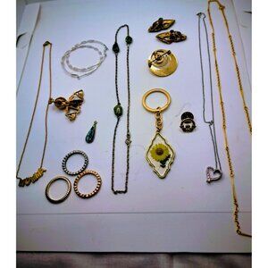 14 Piece Mixed Jewelry Lot Crafts Repurpose Necklace Earrings Rings Pin Keychain